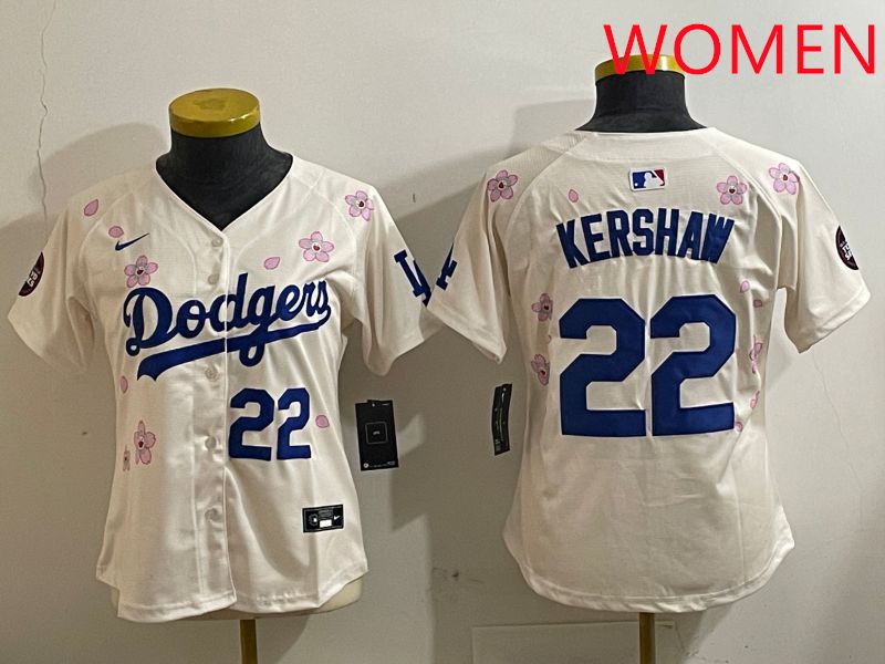 Women Los Angeles Dodgers 22 Kershaw Cream Sakura Edition 2025 Nike MLB Jersey style 3